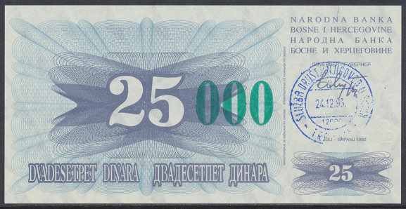 Bosnien Herzogowina- 25 000 Dinara 24.12.1993 unc - Pick Nr.54c Grün