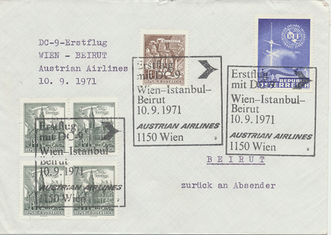 Erstflug Aua DC-9 Wien - Istanbul - Beirut 10.9.1971