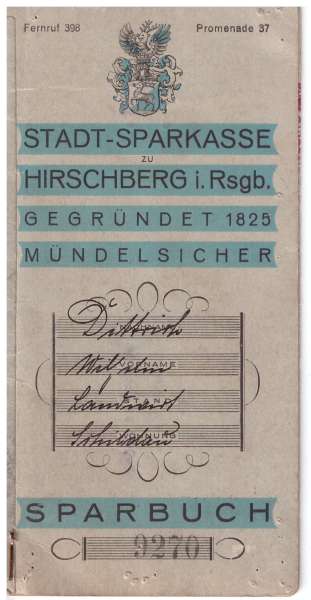 Sparbuch Stadt Sparkasse Hirschberg i. Rsgb. 1825 Mündelsicher