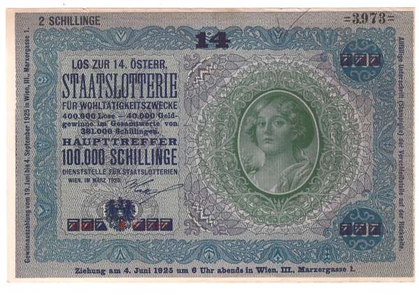 Donaustaat Noten 1000 Kronen mit Lotterieaufdruck 14 Lotterie 1925 ANK197-3973