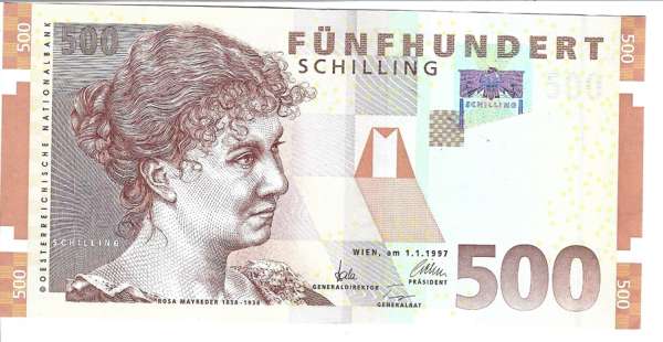 500 Schilling 1.1.1997 Rosa Mayreder Bankfrisch unc. 1 Nr. AA393493U Pick 154