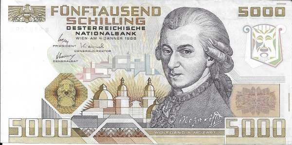 5000 Schilling 4.1.1988 Wolfgang Amadeus Mozart gebraucht Nr.B988389E Ank.Nr. 290 Pick 153