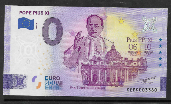 Papst Pius XI Pope Pius XI 0 Euro Schein 2022-8 Italien
