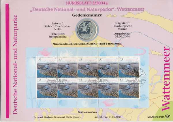 Numisblatt Deutschland 2004/3 "Deutsche Nationalparke Wattenmeer" mit 10€ Silbermünze Gedenkmünze