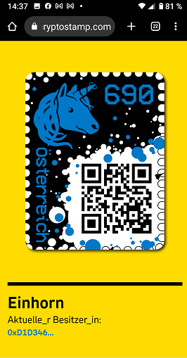 Crypto Stamp 1 - Einhorn Blue Edition Blau/ first crypto stamp edition 6 stellig - Postfrisch