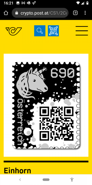 Crypto Stamp 1 - Einhorn Black Edition Schwarz / first crypto stamp edition 6 stellig- Postfrisch