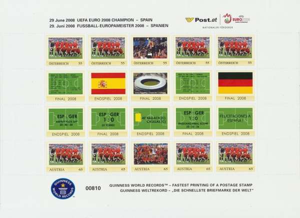 UEFA EURO 2008 Champion Spanien Die schnellste Briefmarke der Welt Postfrisch Bogen