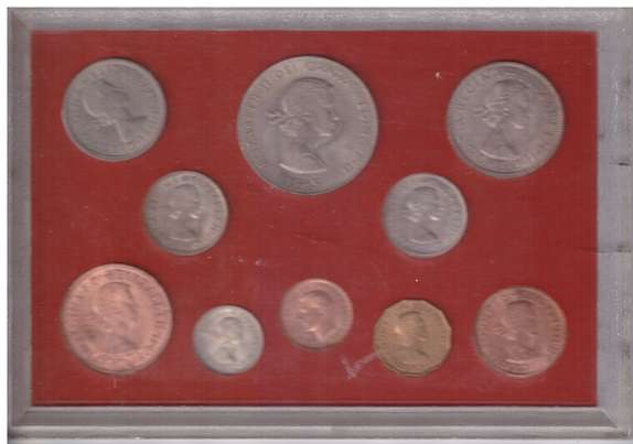 ABSCHIED VON DEN £.S.D. SYSTEM KURSMÜNZENSATZ - CROWN FARTHING THREEPENCE SHILLING