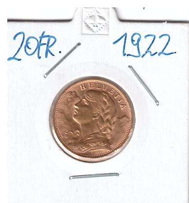 20 Franken 1922 B Vreneli Schweiz Gold