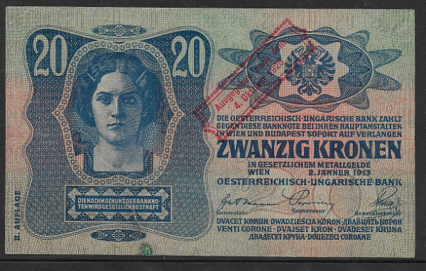 20 Krone 2.1.1913 2 Auflage Ausgegeben nach dem 4.Oktober 1920 repariert