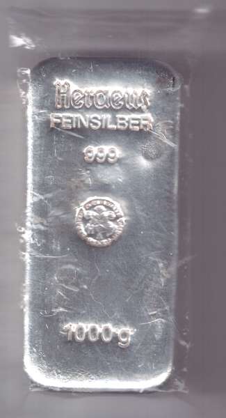 1 Kilo 1000 Gramm Silber Barren Heraeus 999 Fein