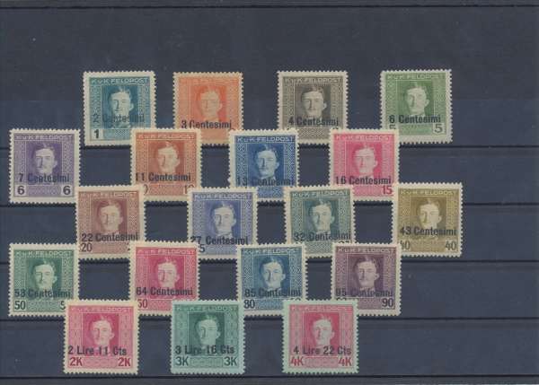 Feldpostmarken mit Aufdruck in Ital. Währung 1918. ANK Nr. 1-19** Postfrisch