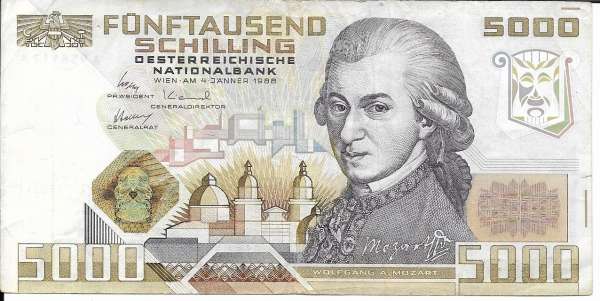 5000 Schilling 4.1.1988 Wolfgang Amadeus Mozart Gebraucht A 956112F Ank.Nr. 290 Pick 153