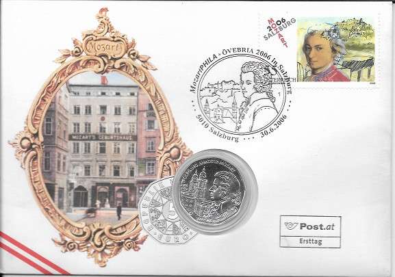 NBE 9b) 2006 Mozart in Salzburg Stempel Salzburg Numisbrief mit 5 Euro Silber