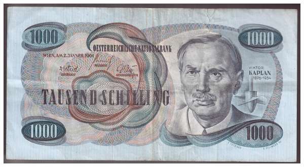1000 Schilling 2.1.1961 Viktor Kaplan Rs. Ybbs-Persenbeug Ank.276 gebr.. NR:B 601836 H