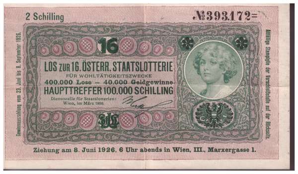 Donaustaat Noten 10 Kronen mit Lotterieaufdruck 1926 ANK193 Nr.393.172
