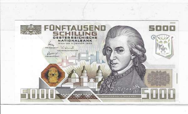5000 Schilling 4.1.1988 Wolfgang Amadeus Mozart Neu unc.1 A 083678 B Ank.Nr. 290 Pick 153