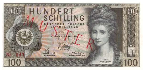 100 Schilling 2.1.1969 Angelika Kauffmann Muster ANK 281 Bregenzerwälderhaus