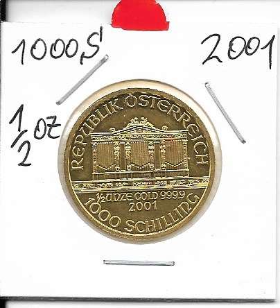 2001 Philharmoniker 1/2 unze 1000 Schilling 15,55 Gramm