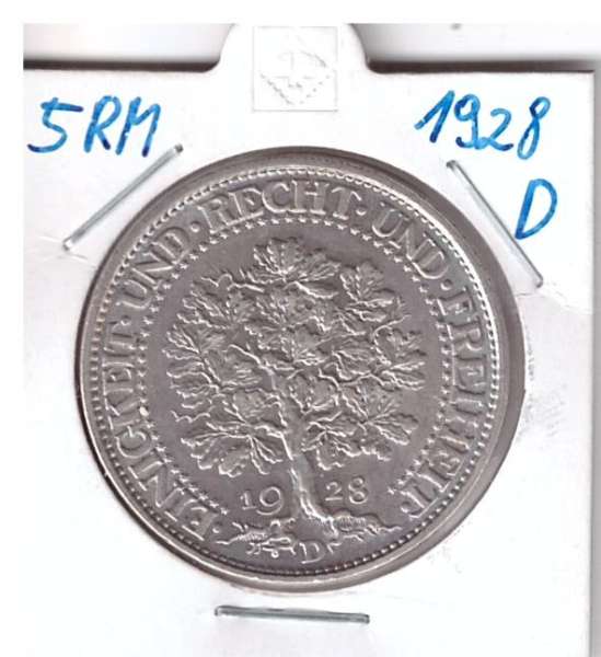 5 Reichsmark 1928 D"Eichbaum", Jg.331, Silber