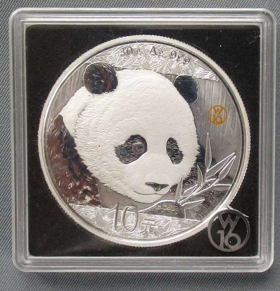 China 10 Yuan 2018 Panda 30g Silber Unze W16 Stempel