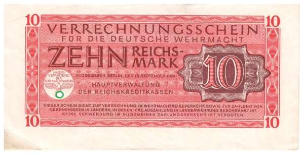 10 Reichsmark 1942-1944 Ros. 513 Verrechnungsschein 10 RM Dt. Wehrmacht 15. Sept.1944