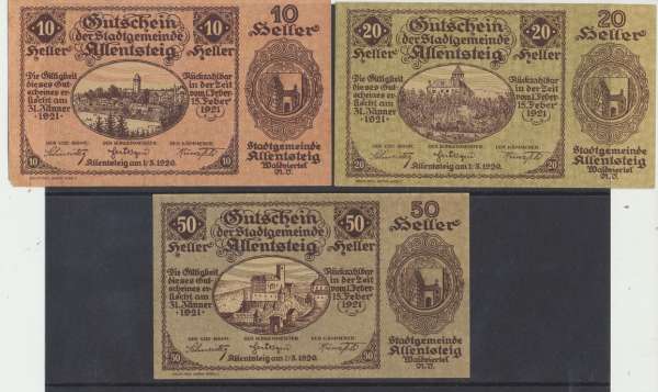 Allensteig Nö 10,20,50 Heller 1.5.1920