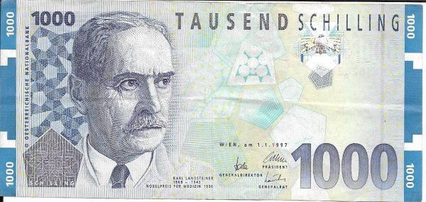 1000 Schilling 1.1.1997 Karl Landsteiner Ank.292 Erh. gebraucht. NR: AB818282G Pick 152