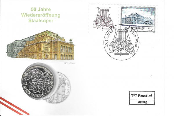 NBE 05) 2005 50 Jahre Wiedereröffnung Stattsoper Numisbrief mit 10 Euro Silber