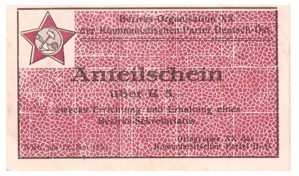 5 Krone 18.5.1920 Anteilschein Kommunistische Partei Deutsch-Öst.