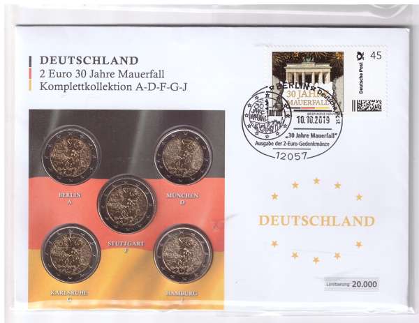 2 Euro Numisbrief Deutschland 2019 Mauerfall alle 5 Prägestätten A,D,F,G,J