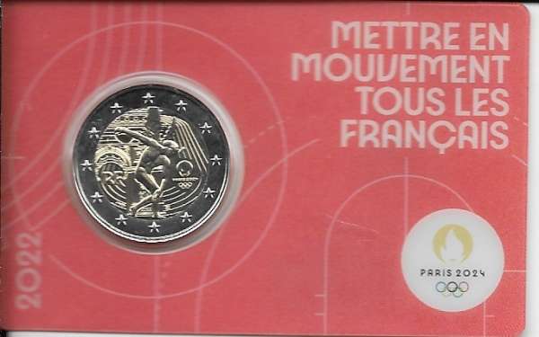 2 Euro Frankreich 2022 Olympische Spiele 2024 in Paris rote Coincard