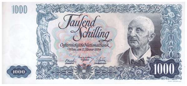 1000 Schilling 2.1.1954 Anton Bruckner Rs. Brucknerorgel in St. Florian OÖ Ank.272 unc. NR: AD 56356
