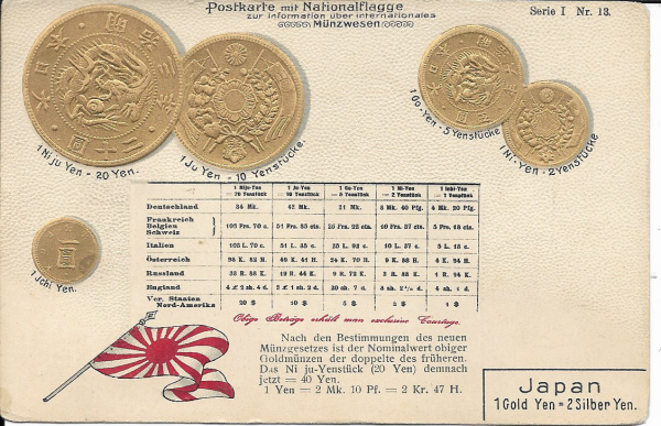 Präge-AK Japan, Nationalflagge und Münzen mit Umrechnungstabelle
