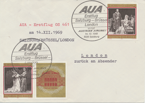 Erstflug Aua Salzburg-Brüssel-London 14.12.1969