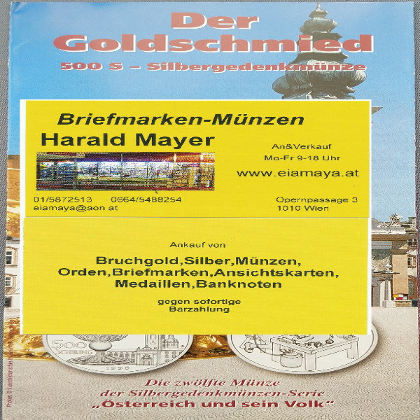 Der Goldschmied 1998 500 Schilling Silber - nur Flyer Folder
