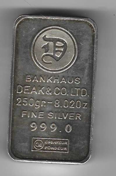 1/4 Kilo 250 Gramm Silber Barren Bankhaus Deak&Co.Ltd 999,0 Fein