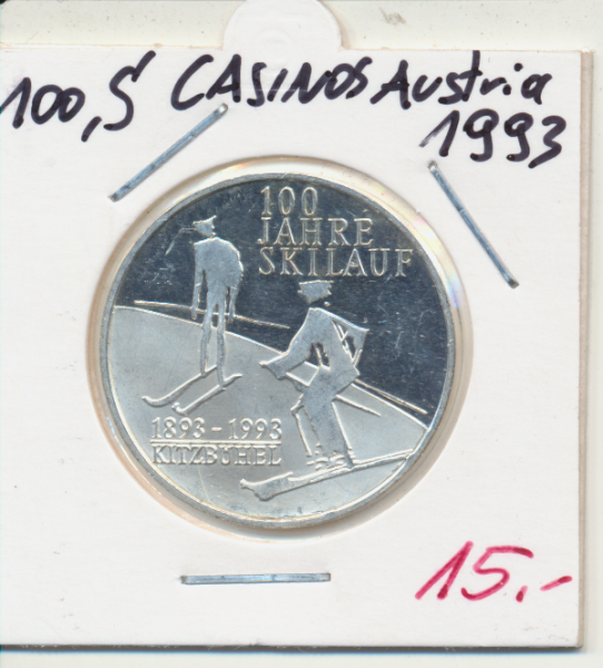 Nr. 125 100 Jahre Skilauf Kitzbühel 1993 Casinos Austria Silber Casino Jeton 100 Schilling