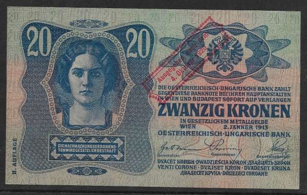 20 Krone 2.1.1913 2 Auflage Ausgegeben nach dem 4.Oktober 1920 1141/906978