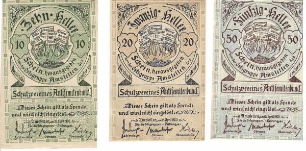 Amstetten Schutzverein Antisemitenbund 10, 20, 50 Heller 1920 Blau