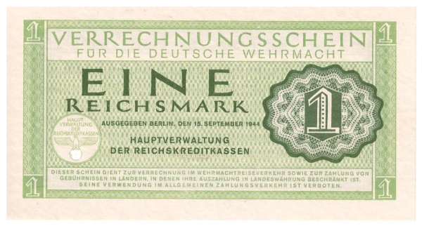 1 Reichsmark 1942-1944 Ros. 511 Verrechnungsschein 1 RM Dt. Wehrmacht 15. Sept.1944 - UNC