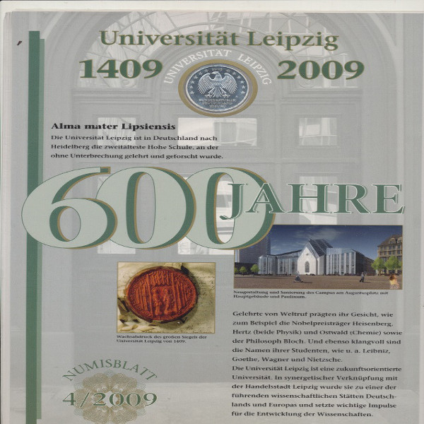 Numisblatt Deutschland 2009/4 "600 J. Universität Leipzig " mit 10€ Silbermünze Gedenkmünze