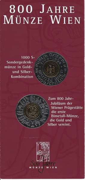 800 Jahre Münze Wien 1000 Schilling Gold 1994 - nur Flyer Folder Hypo NÖ-Bank