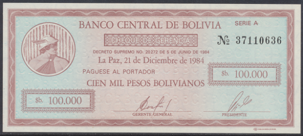 Bolivia- 100000 Bolivianos 1984 UNC - Pick Nr.188