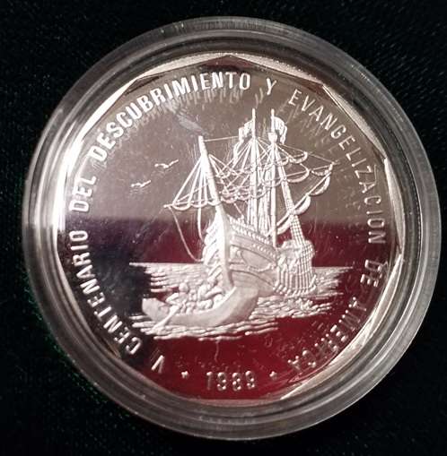 Dominik. Republik 1 Peso 1989 "Entdeckung Amerika" Silber Münze PP ca.31 Gramm