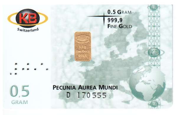 1/2 Gramm Fine Gold Barren Switzerland KB AG