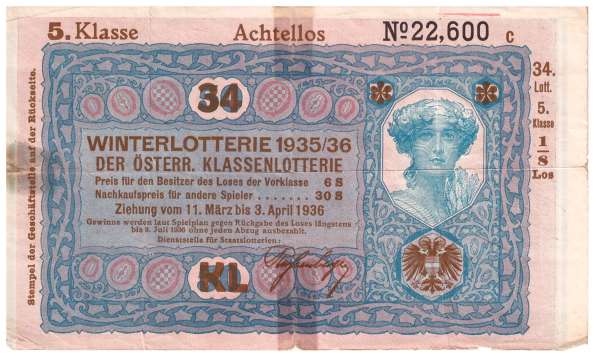 Donaustaat Noten 20 Kronen mit Lotterieaufdruck 1936 ANK193 Nr.22.600