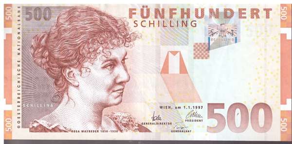 500 Schilling 1.1.1997 Rosa Mayreder Gebraucht Nr. AA 238099 W Pick 154