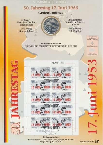 Numisblatt Deutschland 2003/3 "50 Jahrestag 17 Juni 1953" mit 10€ Silbermünze Gedenkmünze