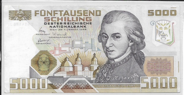 5000 Schilling 4.1.1988 Wolfgang Amadeus Mozart Nr.C414178J Ank.Nr. 290 Pick 15